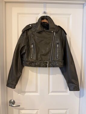 Zara cropped brown faux Leather Moto Jacket with Belt